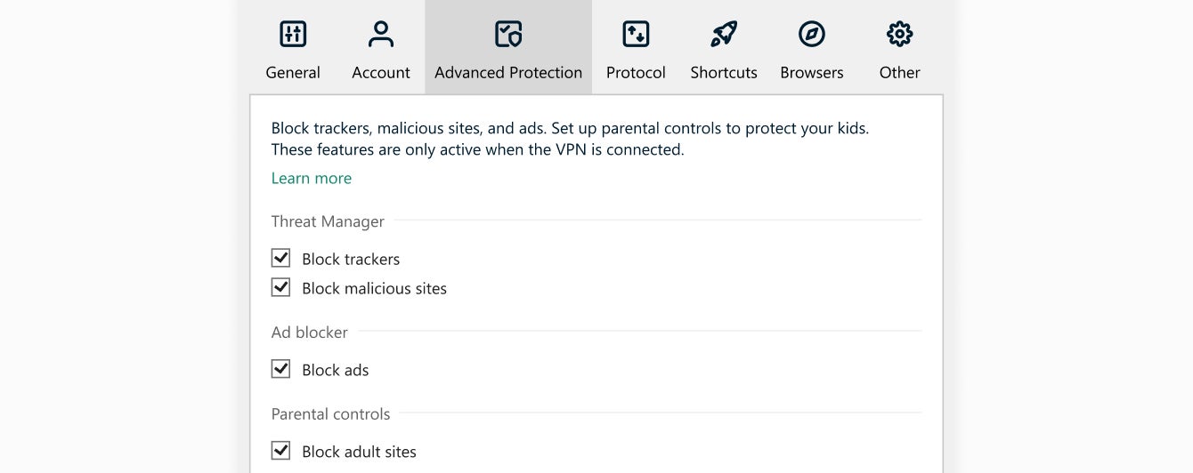 A screenshot of the ExpressVPN Threat Manager configuration screen.
