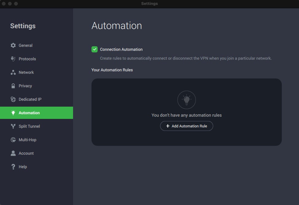 A screenshot of the Private Internet Access VPN Automation configuration screen.