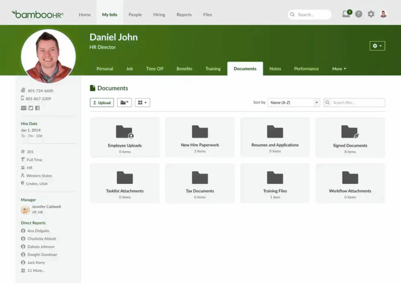 An example of an employee profile in BambooHR.