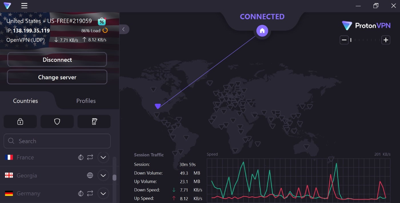 ProtonVPN Screenshot of list of countries and map of available VPN locations.