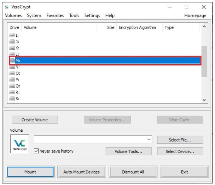 Mounting a drive on VeraCrypt.