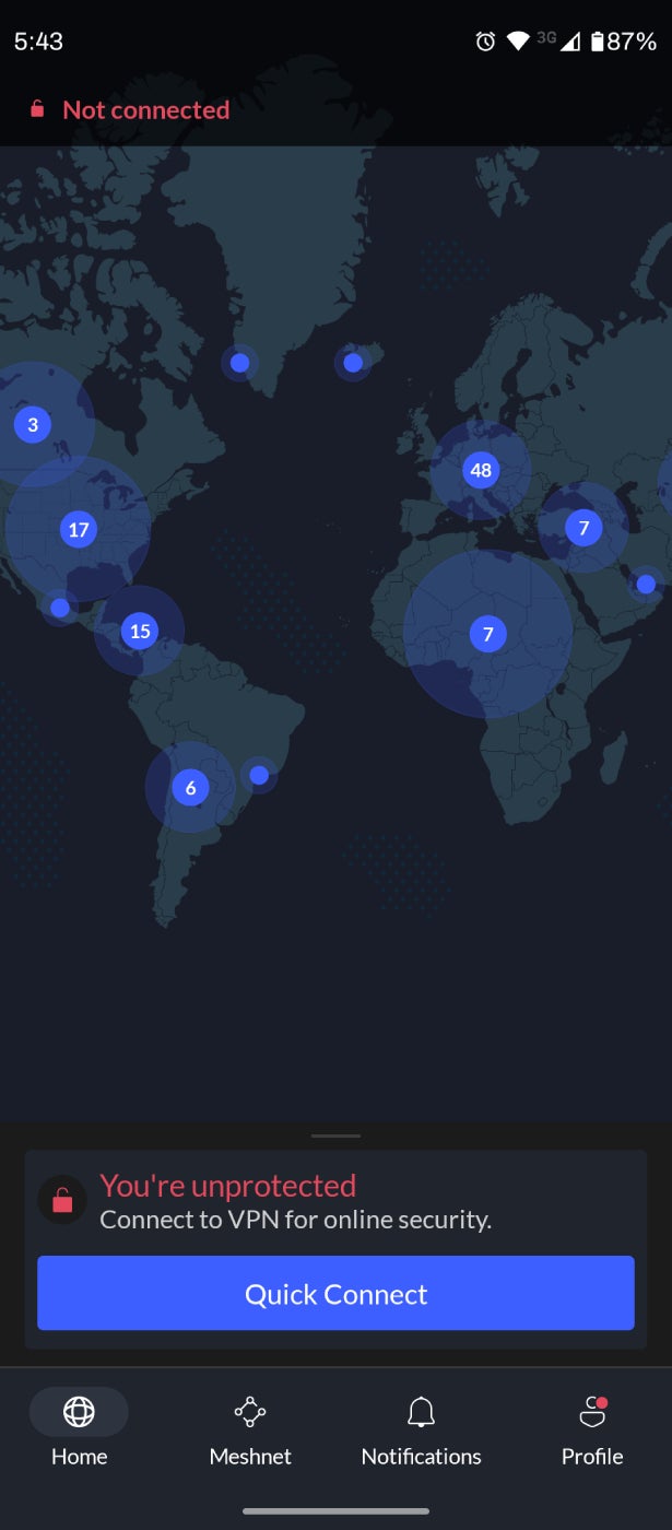 Screenshot of VPN location map of NordVPN.