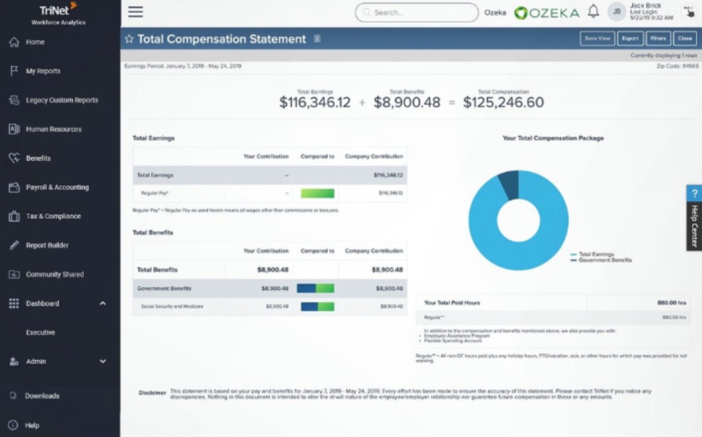 An example of a compensation management statement in TriNet.