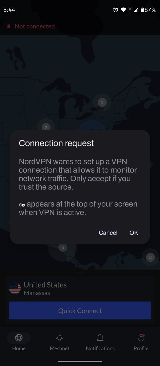 Screenshot of NordVPN requesting Android permissions.