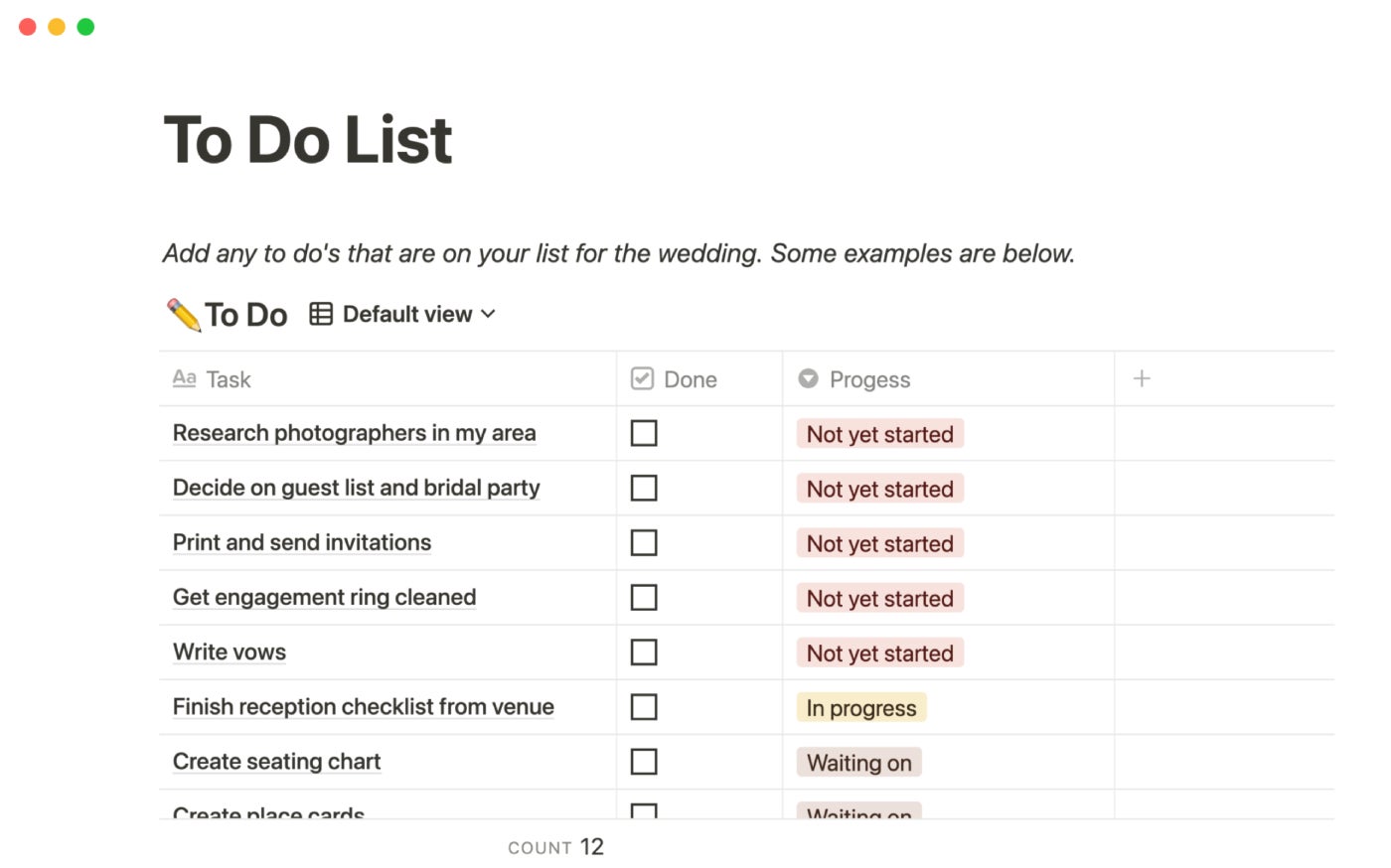 A to-do list “database” in Notion.