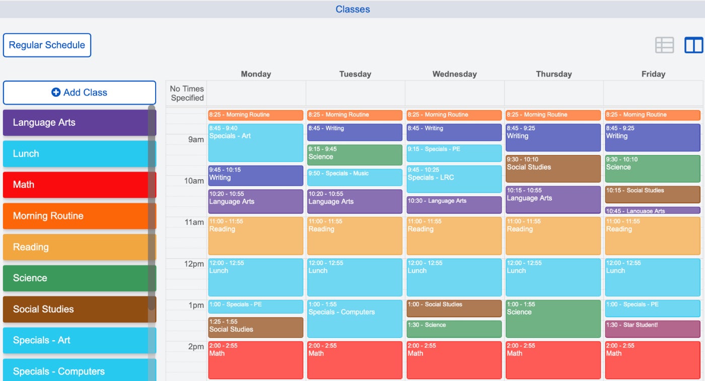 An example of a class schedule in Planbook.