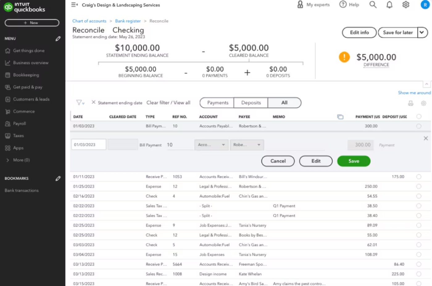 An example of bank reconciliation in QuickBooks.