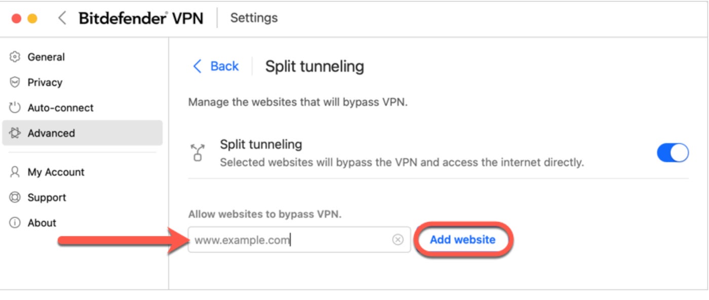 Bitdefender VPN split tunneling.