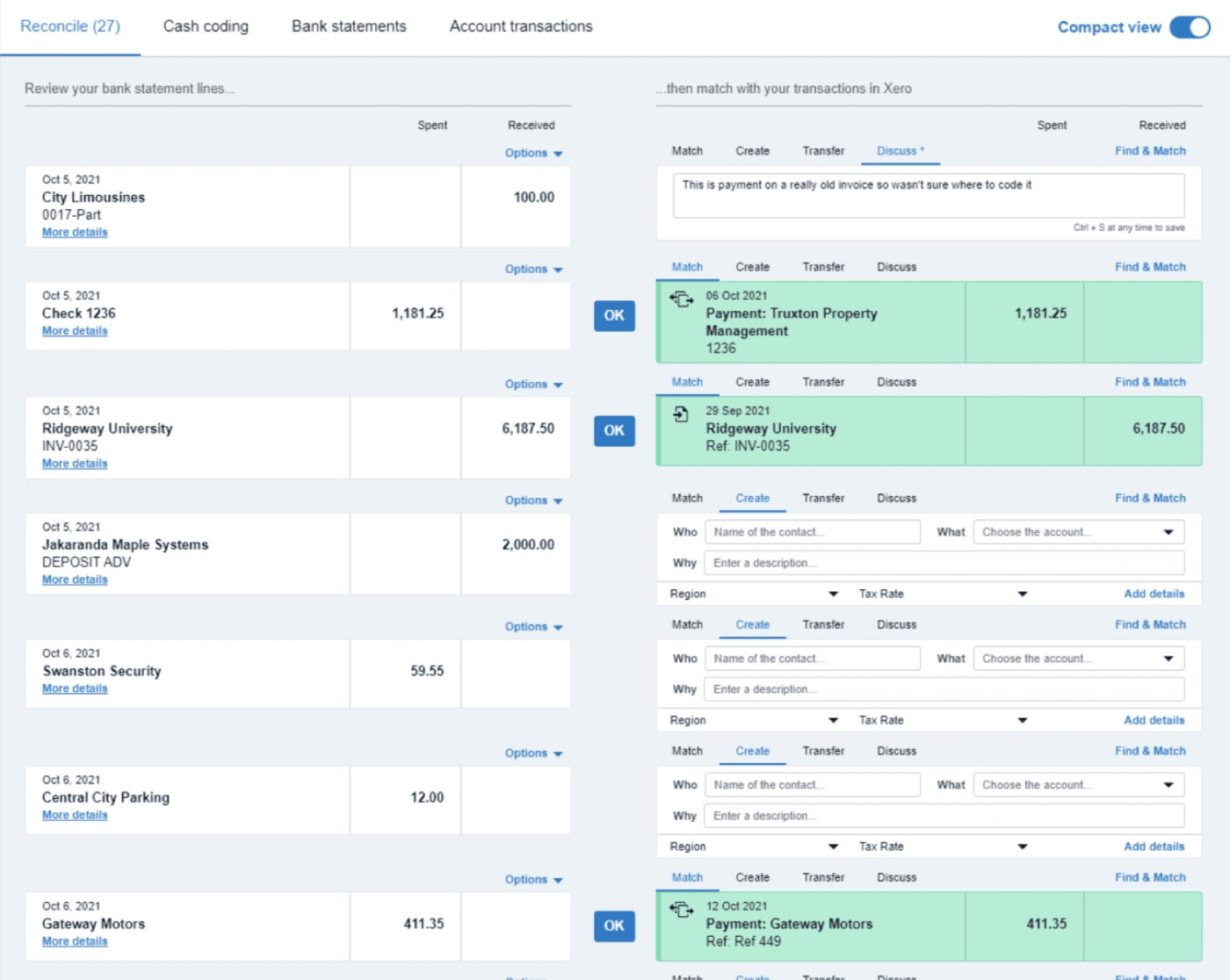 An example of bank reconciliation in Xero.