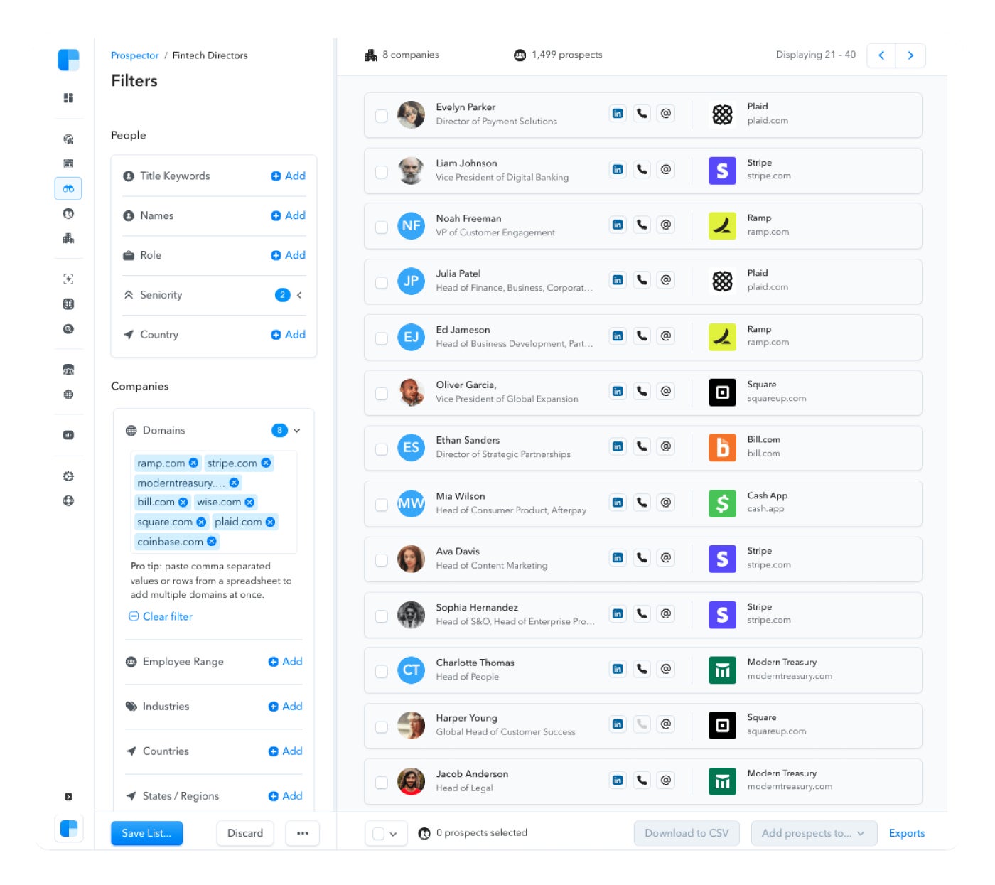 Clearbit prospect dashboard and filters.