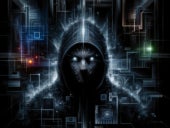 Visage of hooded figure on a technological background.