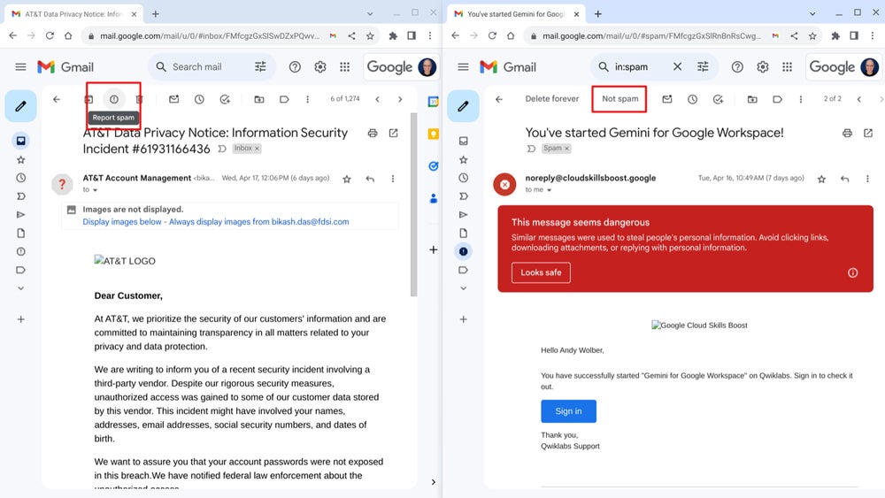 Every person who uses Gmail should report spam when it arrives in the Inbox (left) or select Not spam (right) when a wanted email errantly arrives in spam.