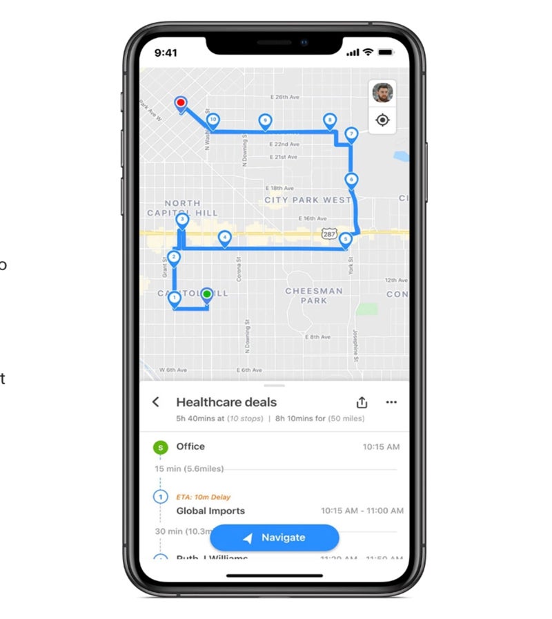 RouteIQ planning in Zoho CRM mobile app.