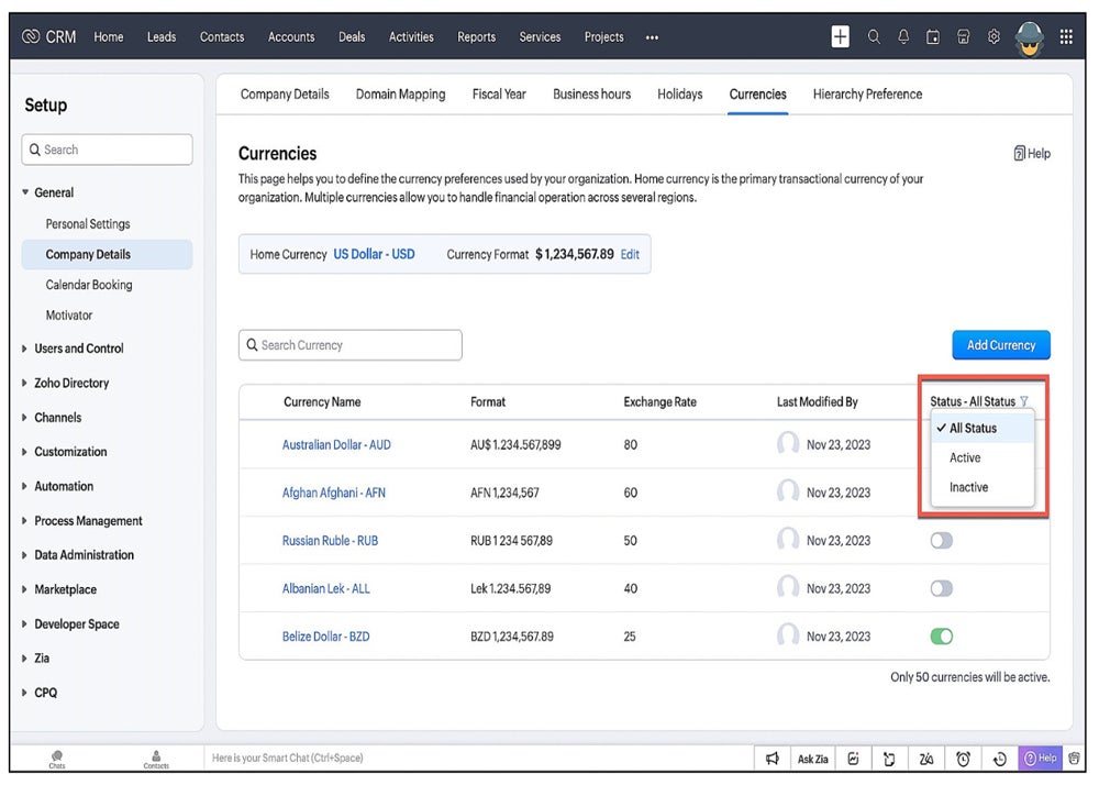 Configuración de múltiples monedas de Zoho CRM.