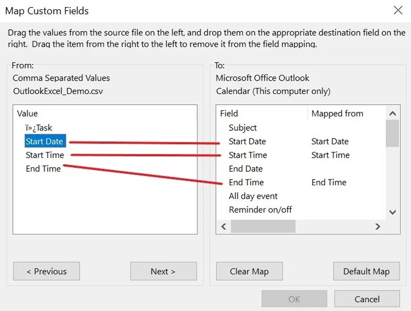 Asigne los campos de Excel a los campos del calendario.