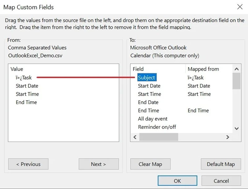 You must map the Task field manually.