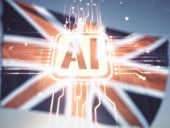 Abstract virtual artificial Intelligence symbol hologram on flag of Great Britain and sunset sky background.
