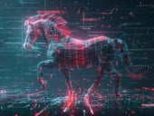 Digital art of a Trojan horse in a cyberspace environment.
