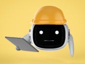 Engineer robot with yellow helmet and tablet.