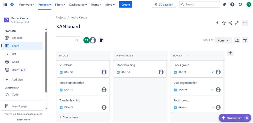 Setting up kanban boards for a software project in Jira.