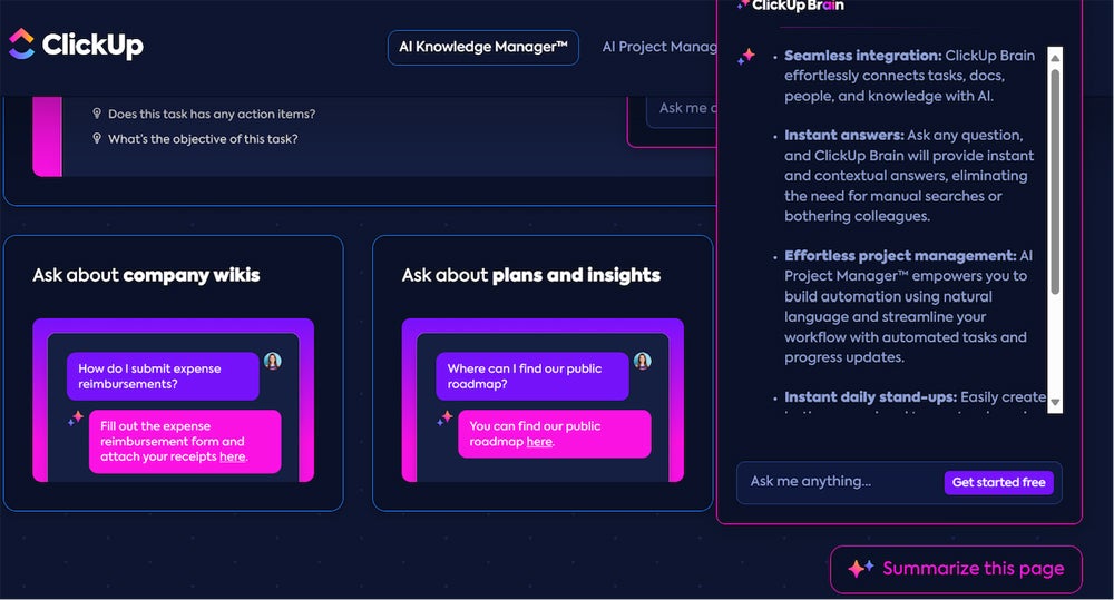 ClickUp Brain summarizing a page.