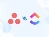 Versus graphic featuring the logos of Asana and ClickUp.