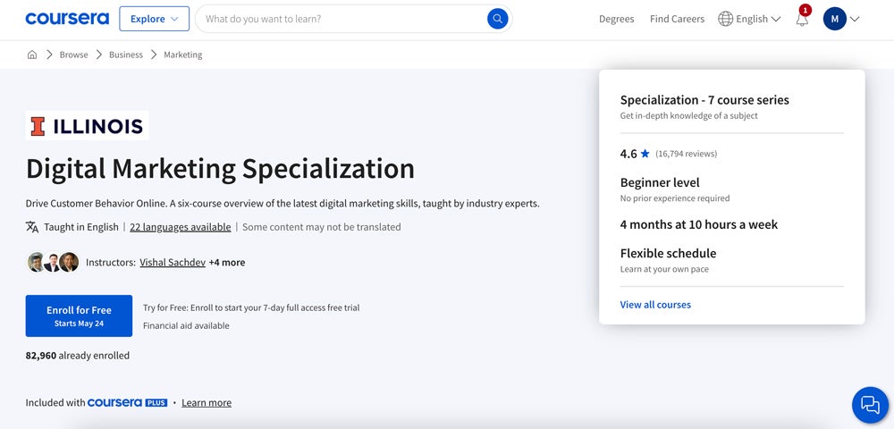 Coursera Digital Marketing Specialization course page.