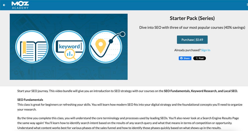 Moz Academy SEO Starter course page.