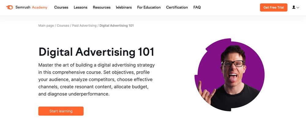 Semrush Academy Digital Advertising 101 registration page.