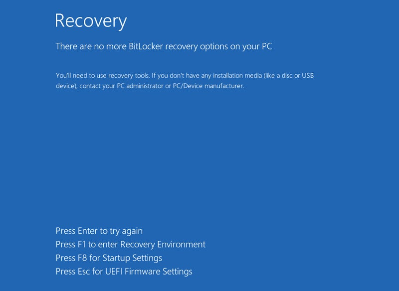 当用户重新启动受 ShrinkLocker 感染的设备时，他们会看到 BitLocker 恢复屏幕，其中没有可用的恢复选项。