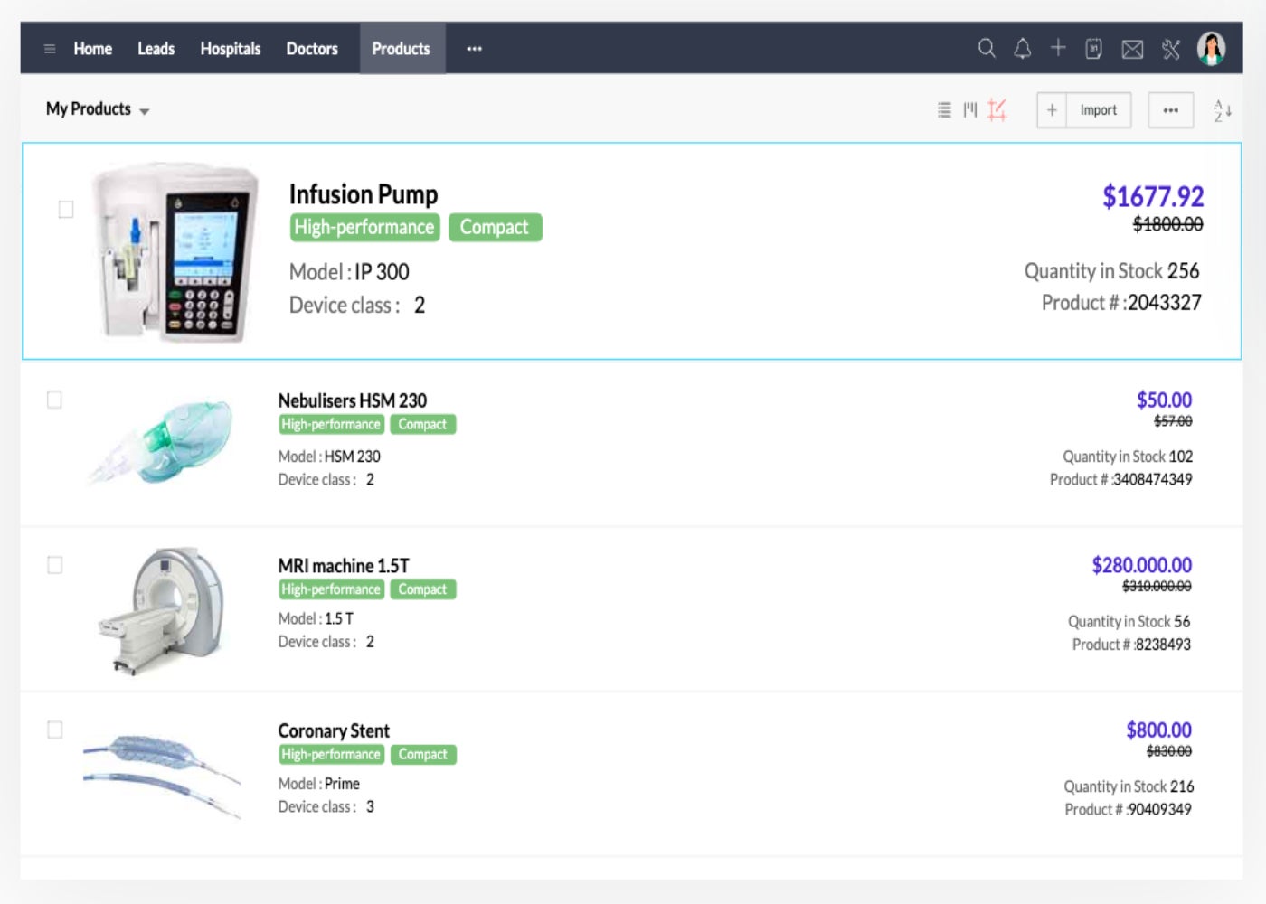 Sample Zoho CRM product and inventory page.