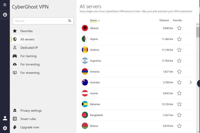 CyberGhost VPN’s server list.