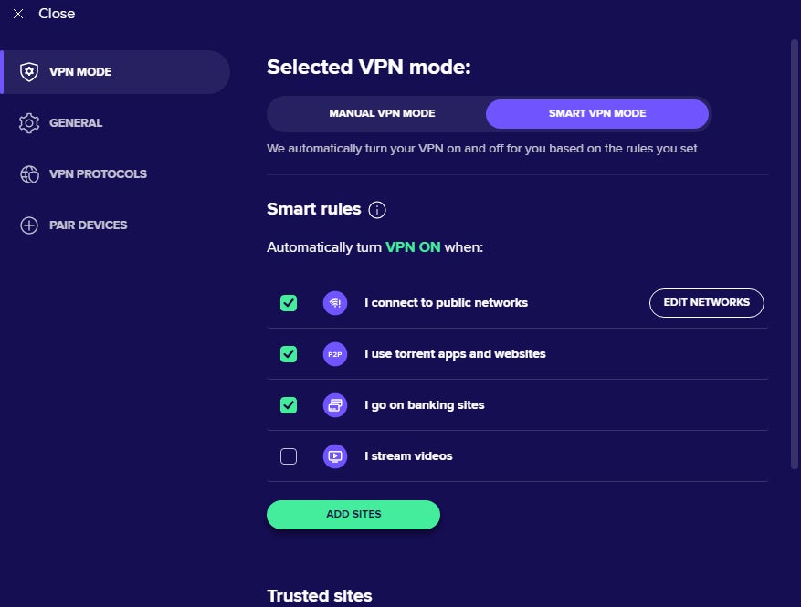 A screenshot of the SmartVPN configuration screen.