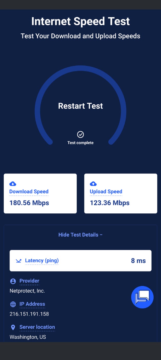 Internet speed test results for IPVanish connected to my optimal server location, which was Ashburn, VA, USA.
