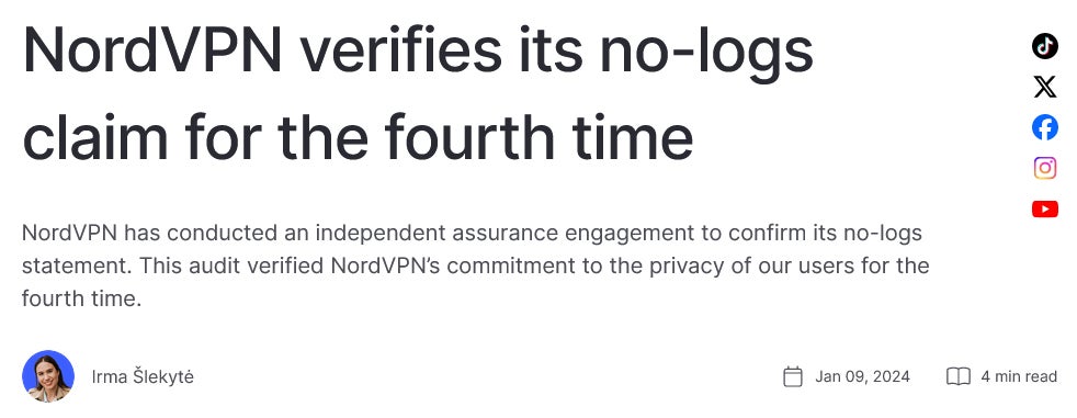 A snippet from the NordVPN blog post announcing the results of its fourth independent audit.