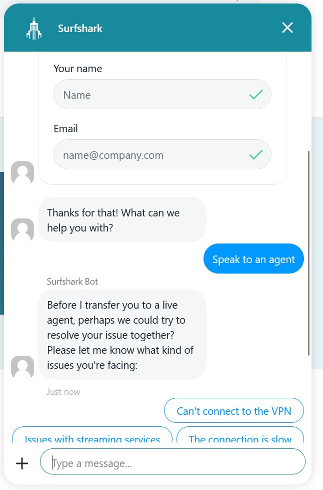 Screenshot showing an example interaction with Surfshark’s automated chatbot.