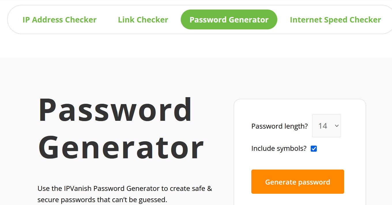 Screenshot of IPVanish’s free secure password generator.