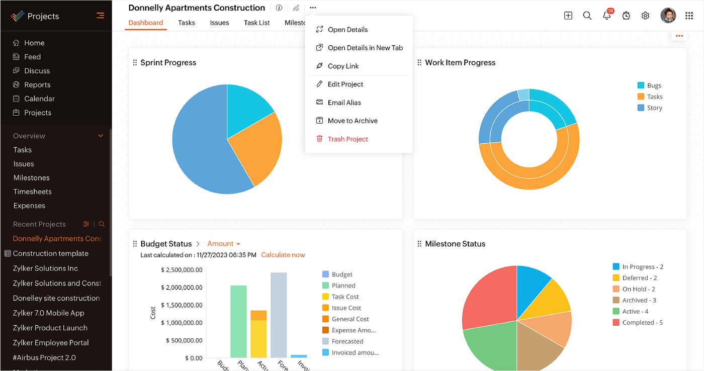 Zoho 项目仪表板。