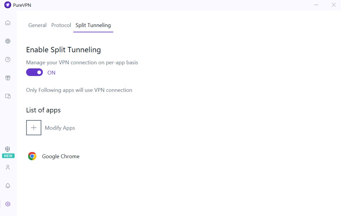 PureVPN’s split tunneling menu.