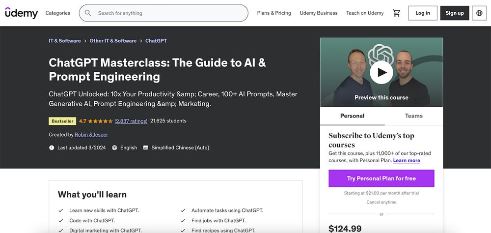 ChatGPT Masterclass: The Guide to AI and Rapid Engineering is a 16-hour pre-recorded course with live Q&A available.