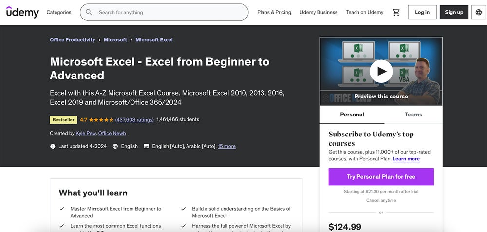 Microsoft Excel: Excel from Beginner to Advanced is one of Udemy's best-selling courses.