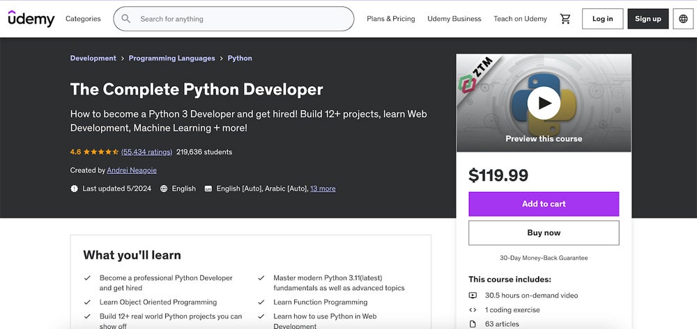 The Complete Python Developer course is made up of a series of on-demand videos.
