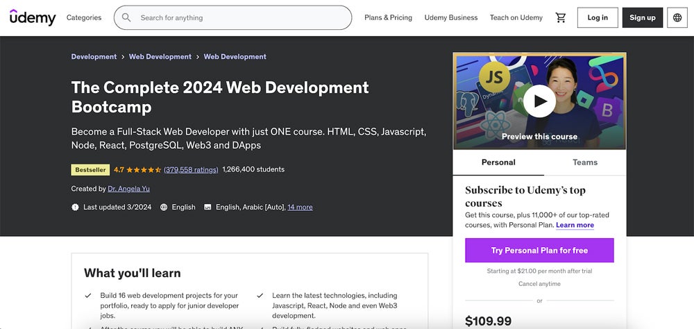 The Complete 2024 Web Development Bootcamp is taught by Dr. Angela Yu.
