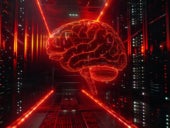 Ominous virtual AI brain hovering in dark server room with glowing red circuitry.