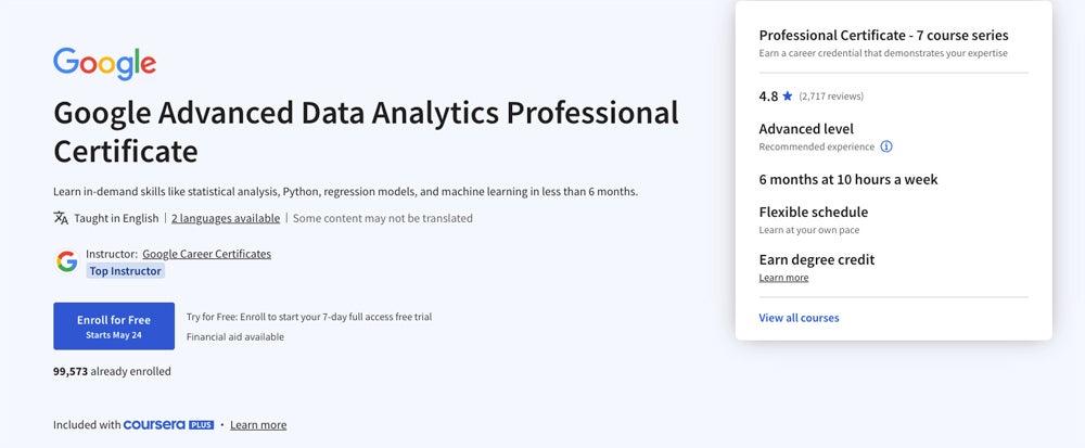 Google Advanced Data Analytics Professional Certificate course screenshot.