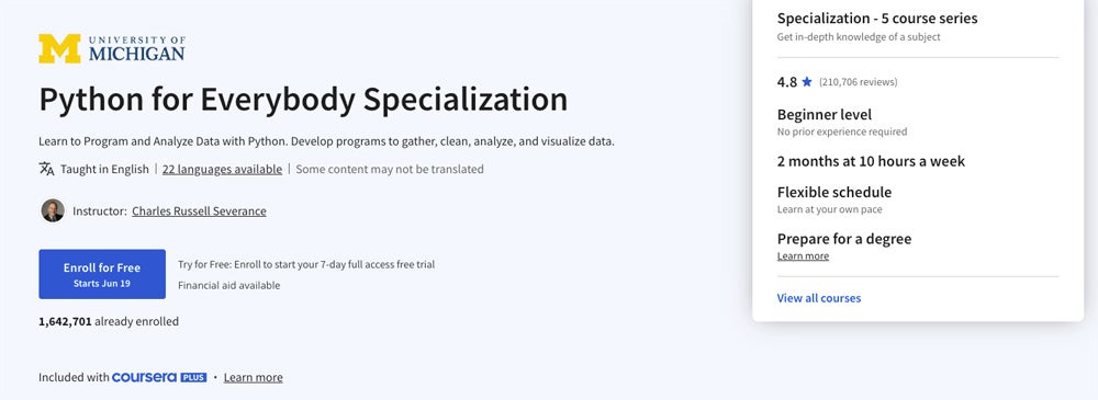 Python for Everybody Specialization course screenshot.