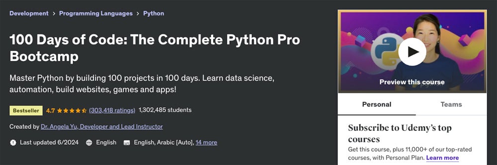 100 Days of Code: The Complete Python Pro Bootcamp course screenshot.