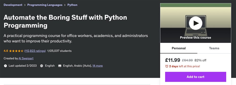 Automate the Boring Stuff with Python Programming course screenshot.