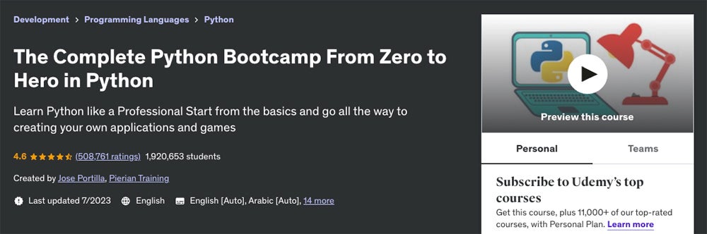The Complete Python Bootcamp From Zero to Hero in Python course screenshot.
