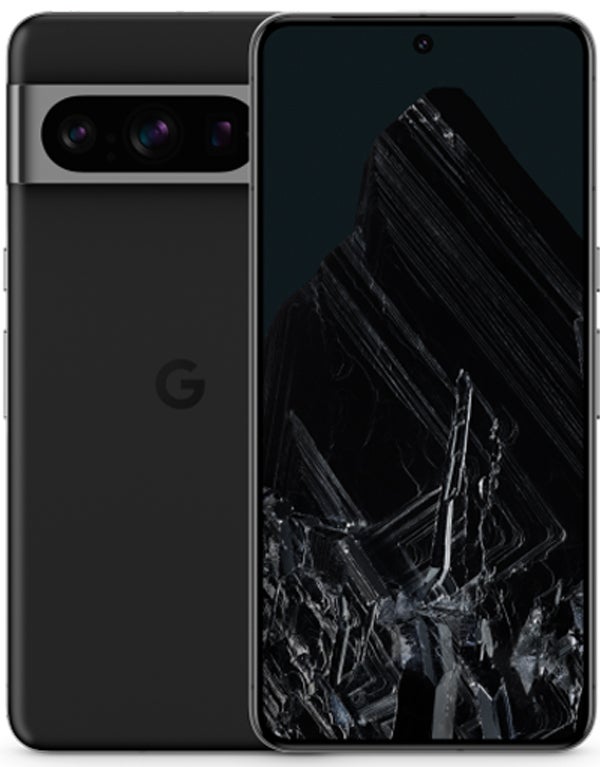 Photo of a black Google Pixel 8 Pro, front and back.